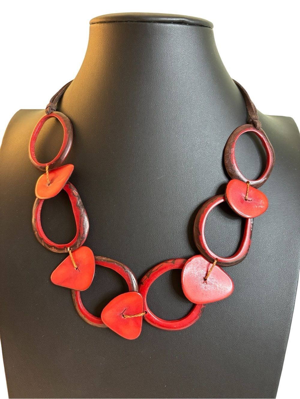 Coral Tagua Nut Geometric Adjustable Length Statement Necklace.
